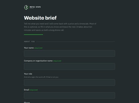The website brief form